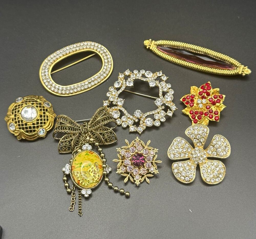 Vintage Gold Tone Rhinestone Brooch Lot 7pc Statement Floral Bow 1928